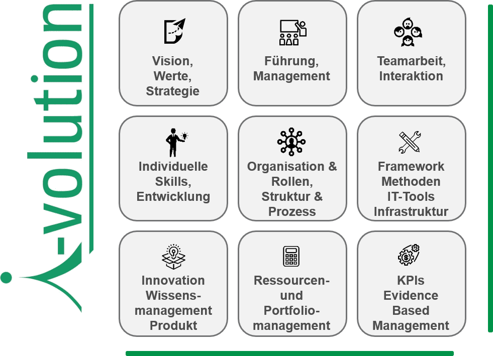 i-volution: Agiles Reifegradmodell, 9 Felder mit Icons: Vision/Werte/Strategie, Führung/Management, Teamarbeit/Interaktion, Individuelle Skills/Entwicklung, Organisation/Rollen/Struktur/Prozess, Framework/Methoden/IT-Tools/Infrastruktur, Innovation/Wissensmanagement/Produkt, Ressourcen/Portfoliomanagement, KPIs/Evidence Based Management