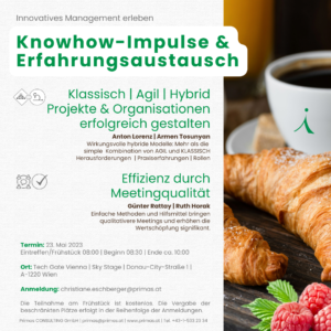 Einladung Management Frühstück Wien Klassisch, agil, hybrid Projekte erfolgreich gestalten Effizienz durch Meetingqualität