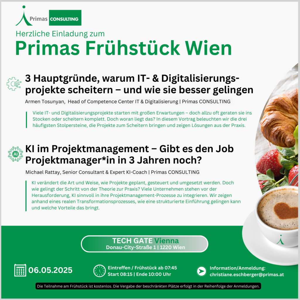 Primas Frühstück Salzburg, Programm der Veranstaltung in weiß auf grünem Hintergrund, Kaffeetasse mit Primas Logo, Obst, Kipferl