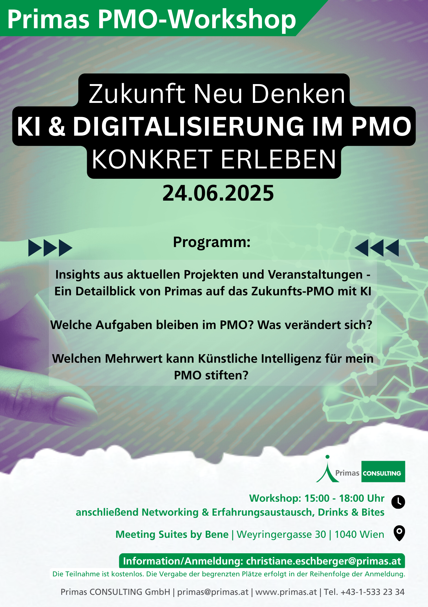 Primas PMO Workshop: KI & Digitalisierung im PMO, grüne menschliche Hand, grüne KI-Hand zeigen auf das Programm, Primas Logo