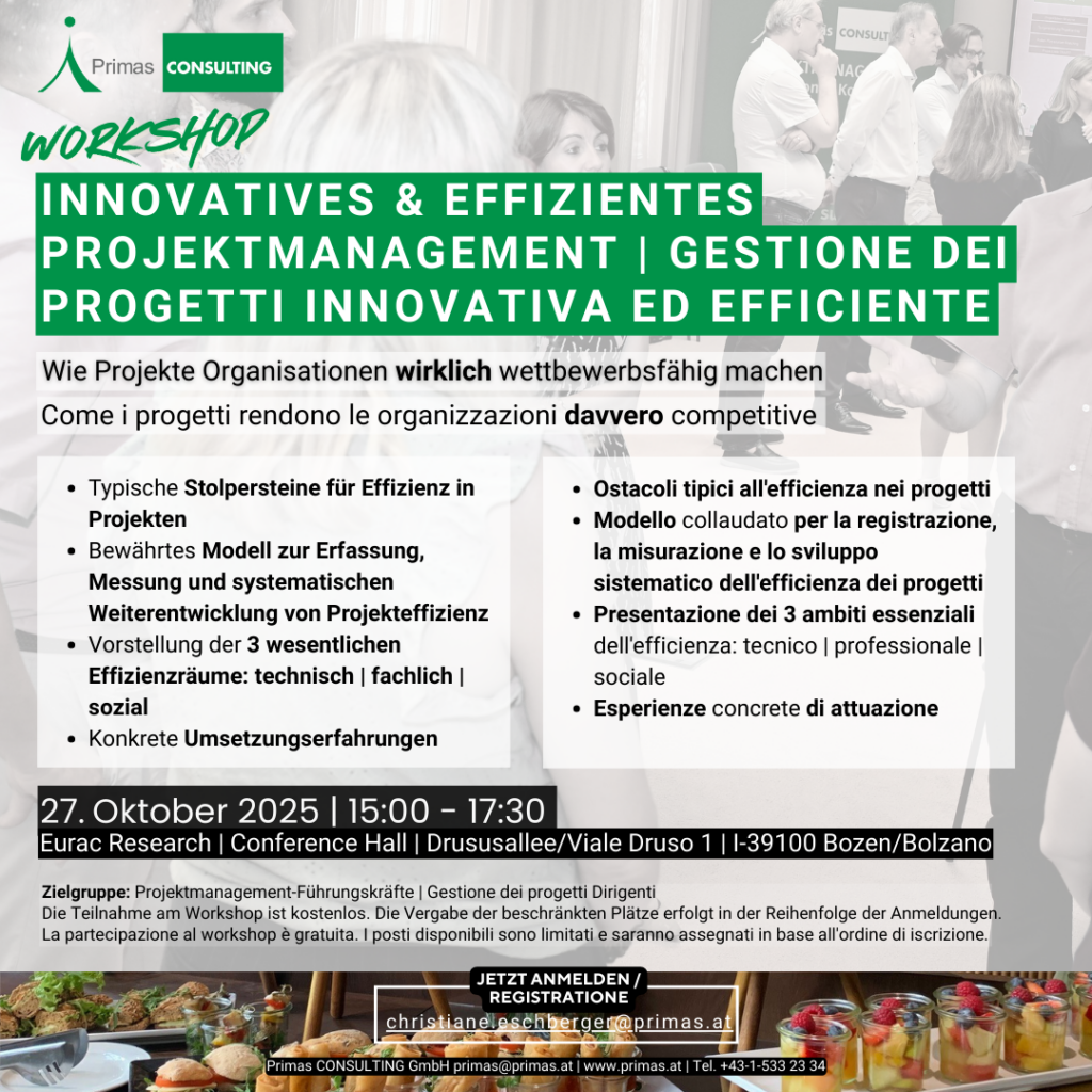 Projektmanagement Event Bozen: Einladung, Details + Anmeldemöglichkeit
Seminarsituation von Primas Event im Hintergrund (grau-weiß), unten Bild Buffet mit Fingerfood (bunt)