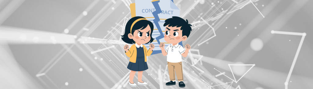 Kleines Mädchen mit dunkelblauem Kleid mit weißem Kragen und gelber Weste und gelbem Haarreifen im schwarzen Haar sowie ein kleiner Junge in beiger Hose und weißem Poloshirt stehen mit geballten Fäusten als Verhandlungspaar im Vordergrund, dahinter ein zerrissener Vertrag